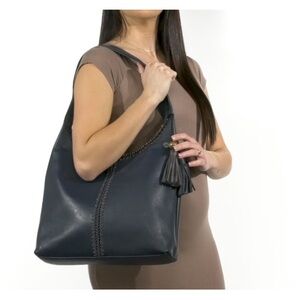 The Sak Women's Blue Huntley Crochet Trim Leather Tassel Hobo Bag
